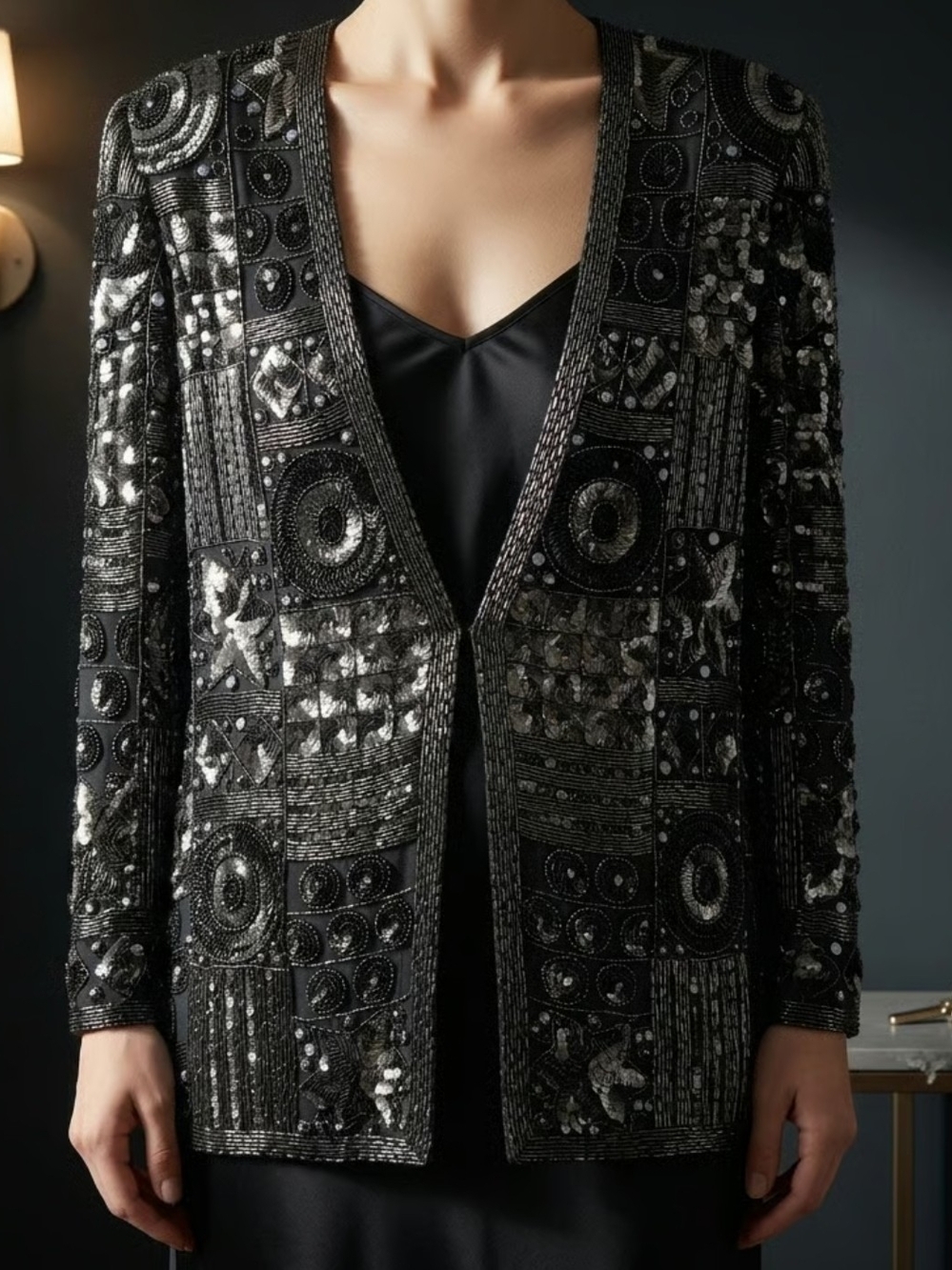 Black Beaded Open-Front Evening Blazer
